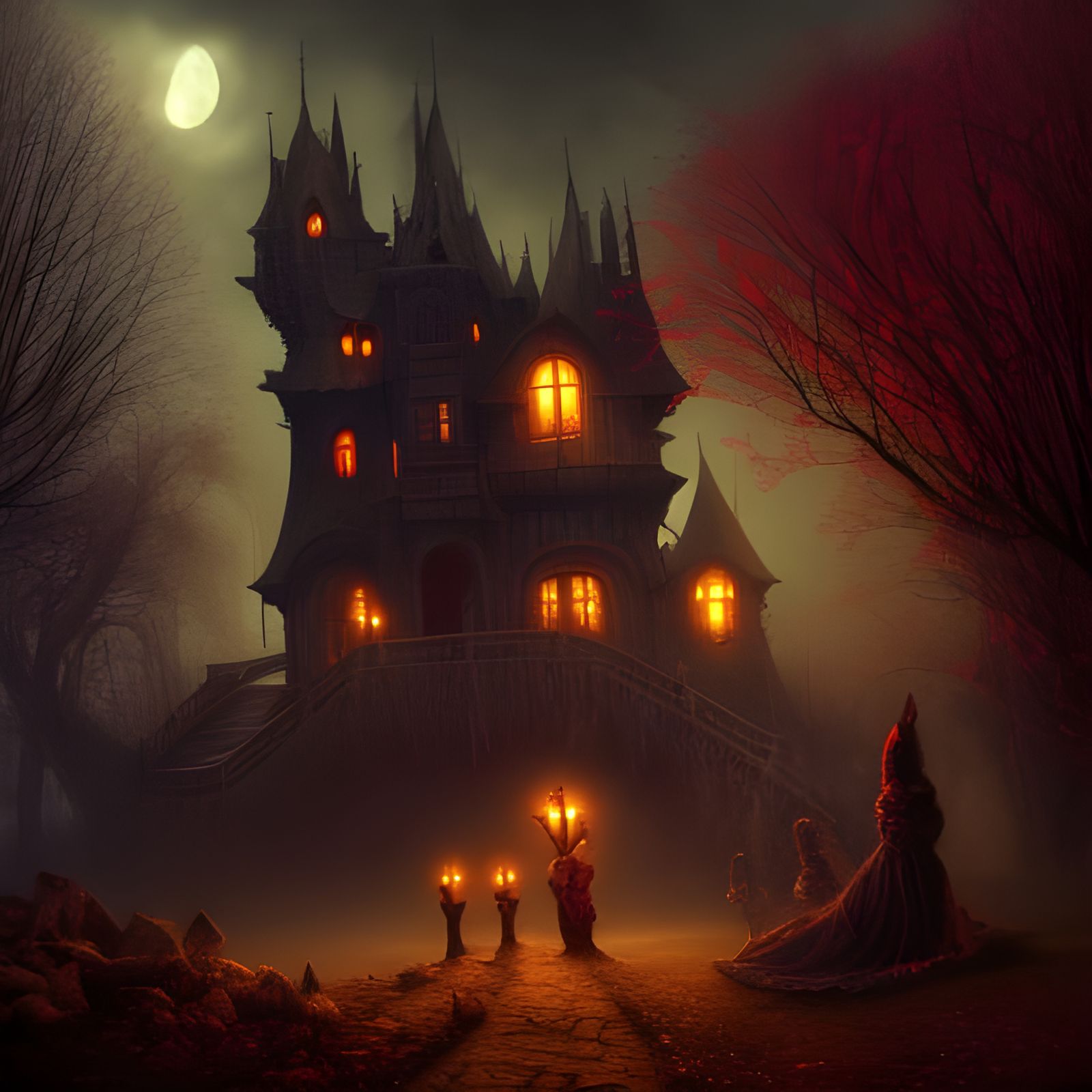 Dark Haunted Castle Under Blood Moon, Detailed Art
