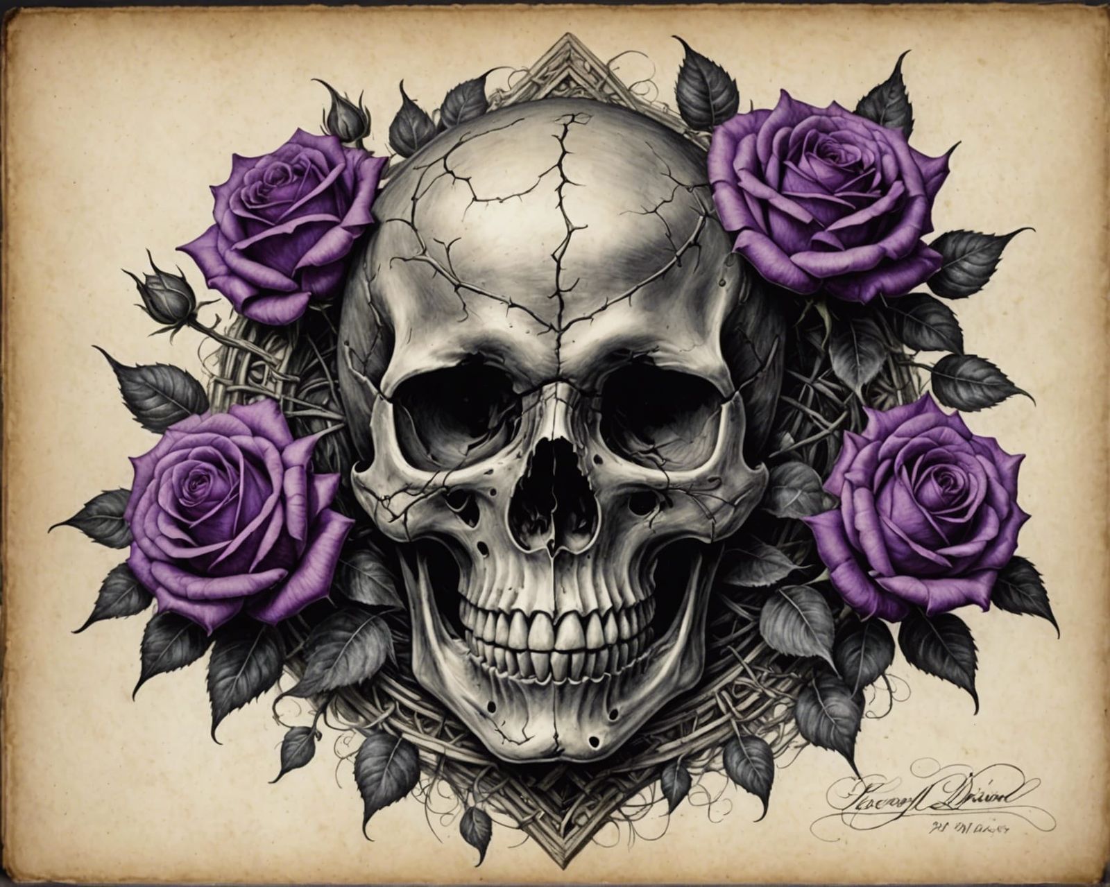 Skull and Roses Charcoal Sketch in Da Vinci Style
