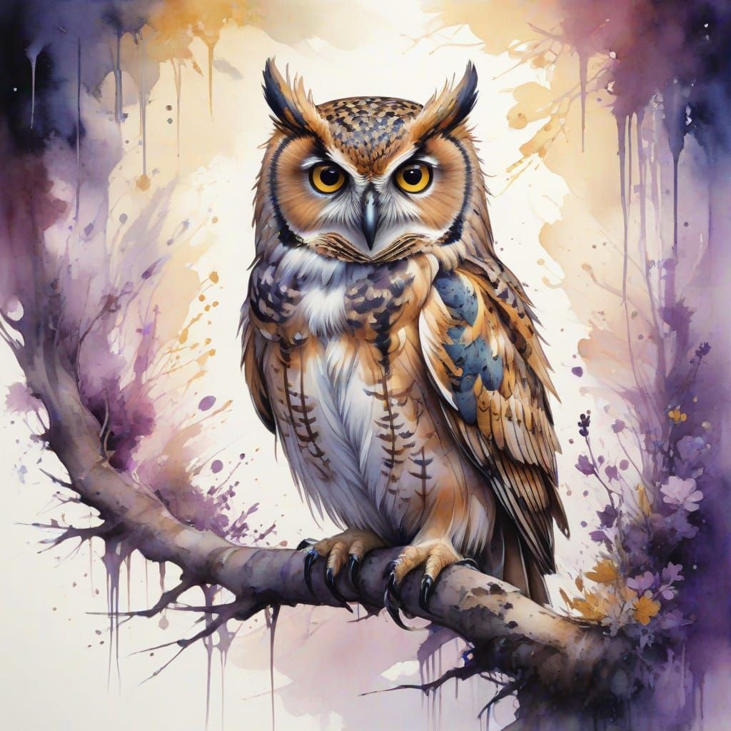 Surreal Owl in Whimsical Watercolor Habitat at Midnight