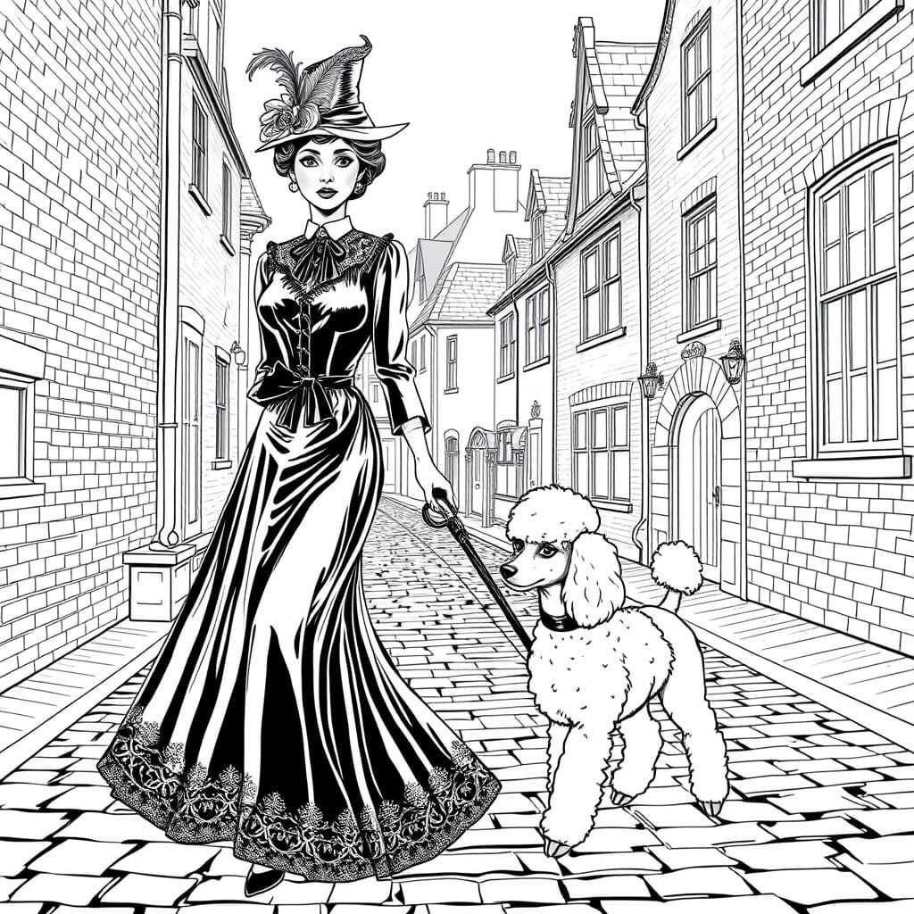 Edwardian Woman Strolls Poodle in Detailed Line Drawing