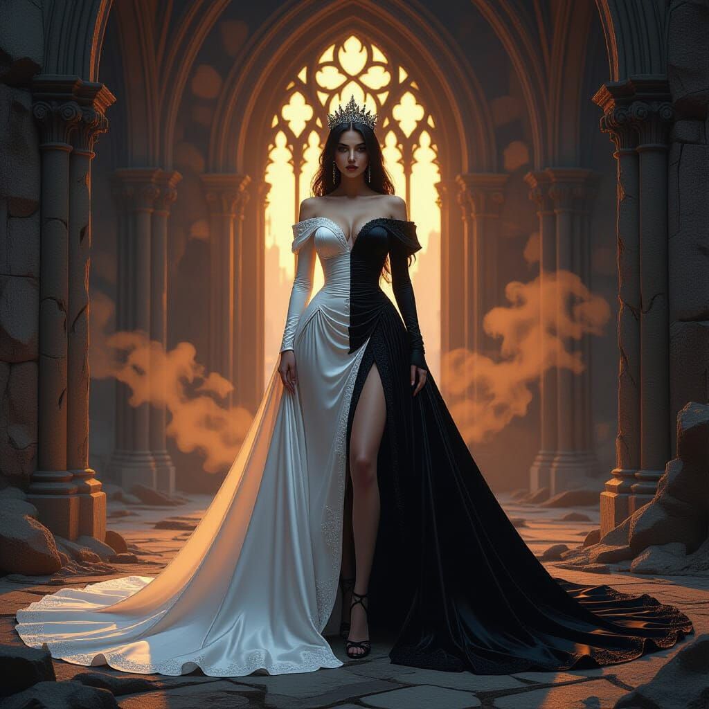 Gothic Queen in Ruined Castle, Light and Shadow