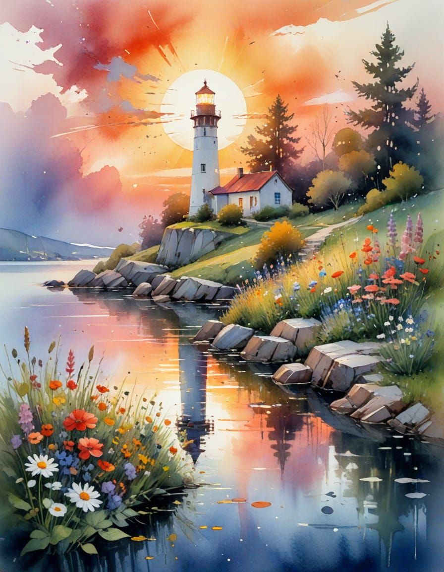 Sunset Lighthouse in Watercolor Fairy Tale Style