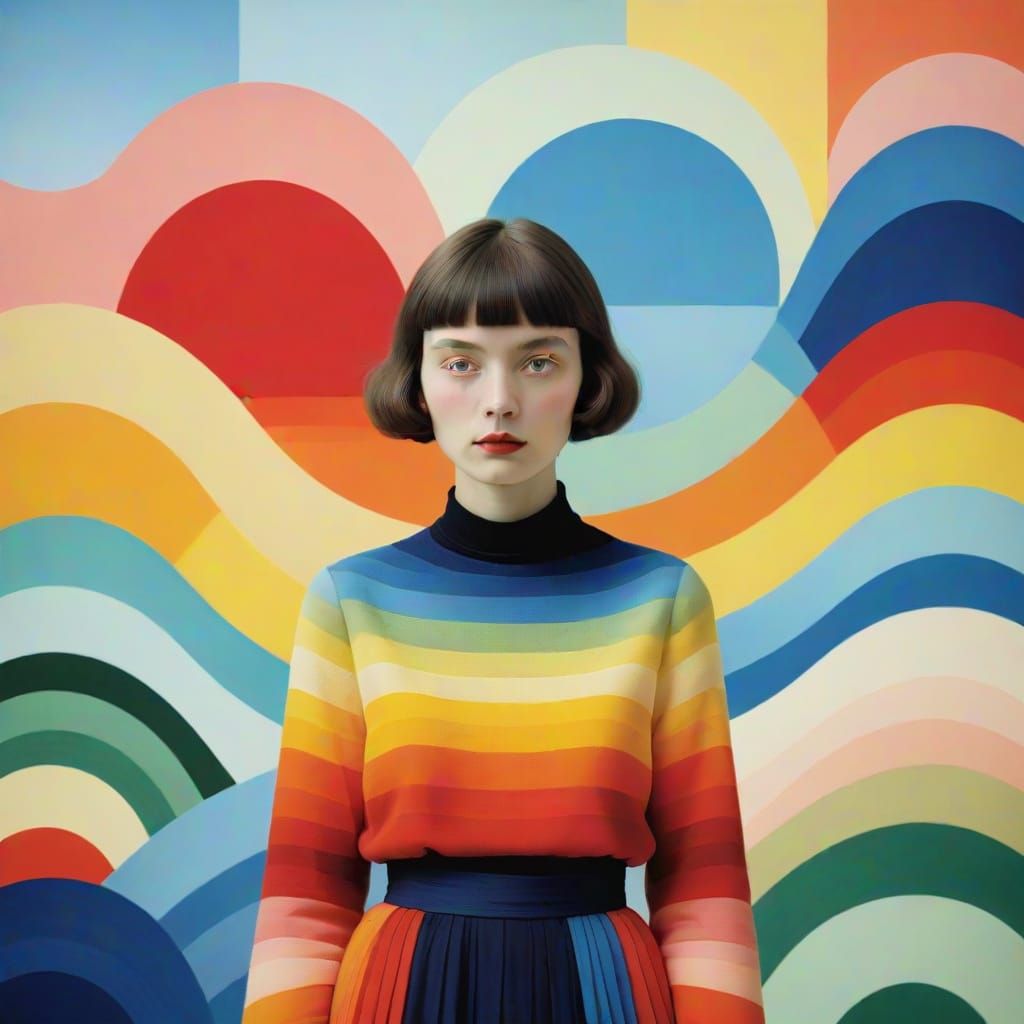 Woman in Pastel Gradients and Layered Landscape