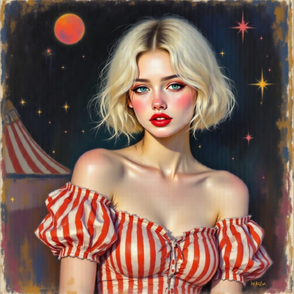 Woman with Platinum Bob in Pop Surrealist Style