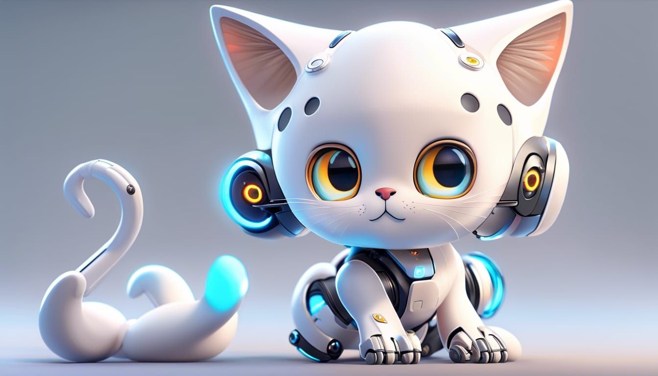 "(A cute robot MiMi cyborg), (resembling a cat) "by pixar animation studio, character design, detailed skin, octane rend...