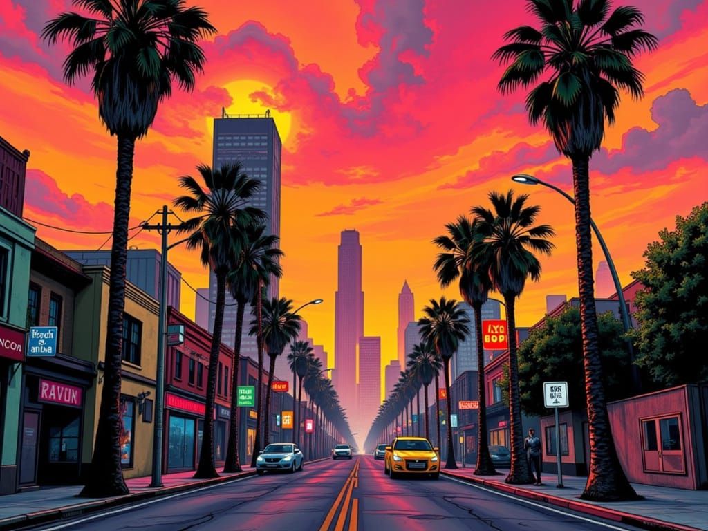 Los Santos Cityscape in Pop-Art Comic Book Style at Golden H...