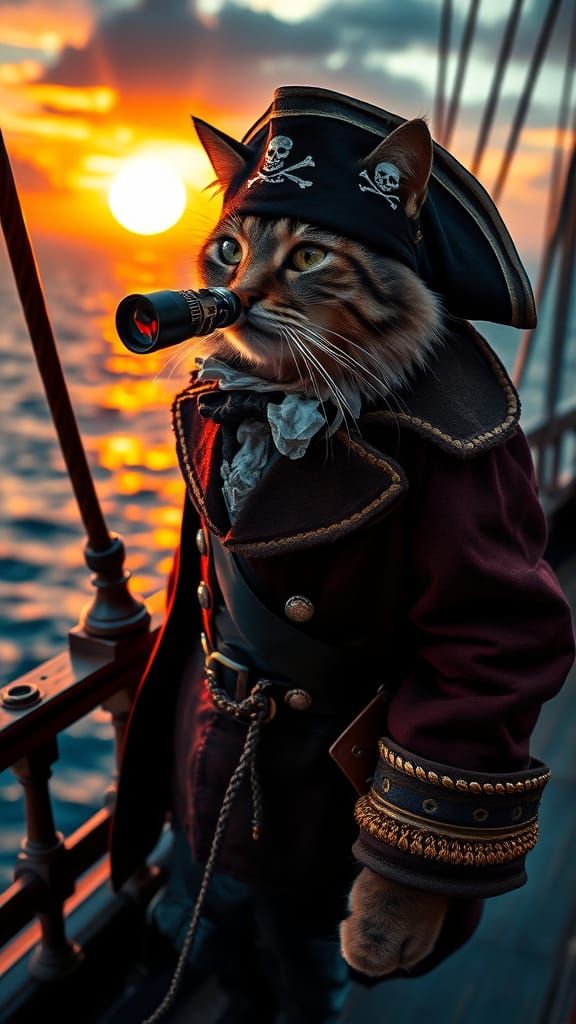 Pirate Cat Captain on Deck at Sunset