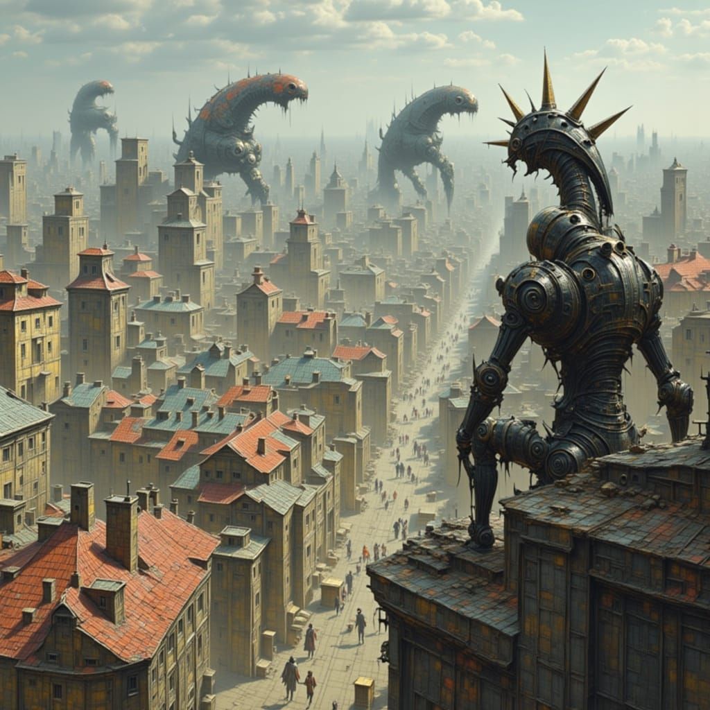 Giant Mechanical Beasts Terrorize Town from High Tower