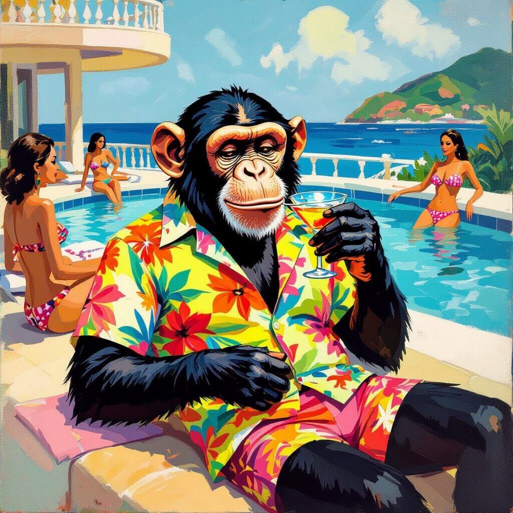 Monkey's Caribbean Cruise: A Hockney-esque Scene