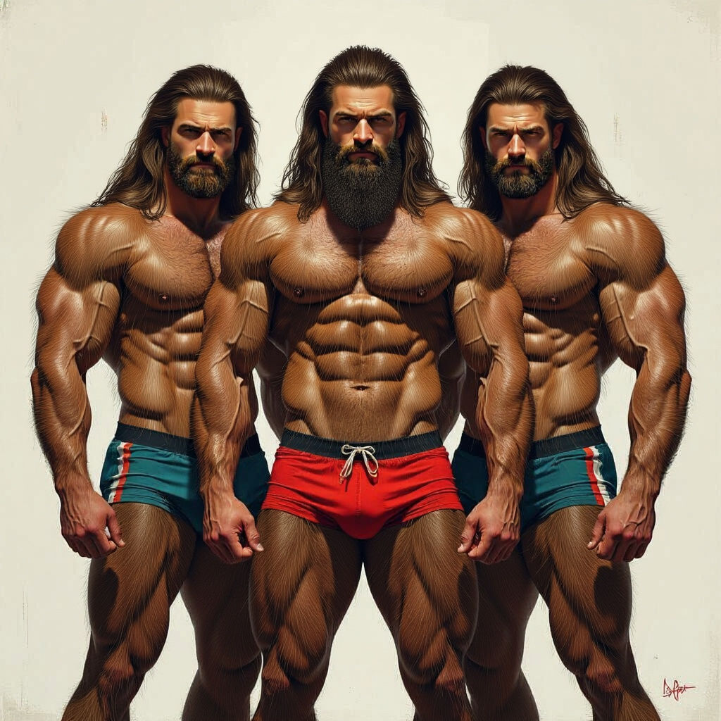 Three Burly Men in Booty Shorts, Shirtless