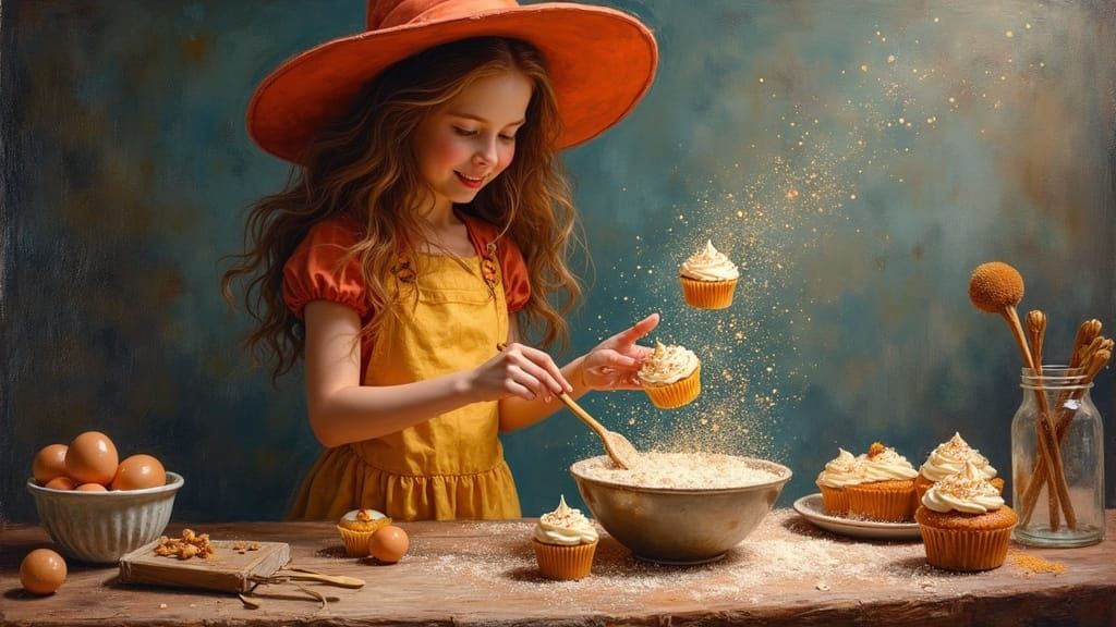 Ginger Witch Bakes Magical Cupcakes in Textured Oil Painting