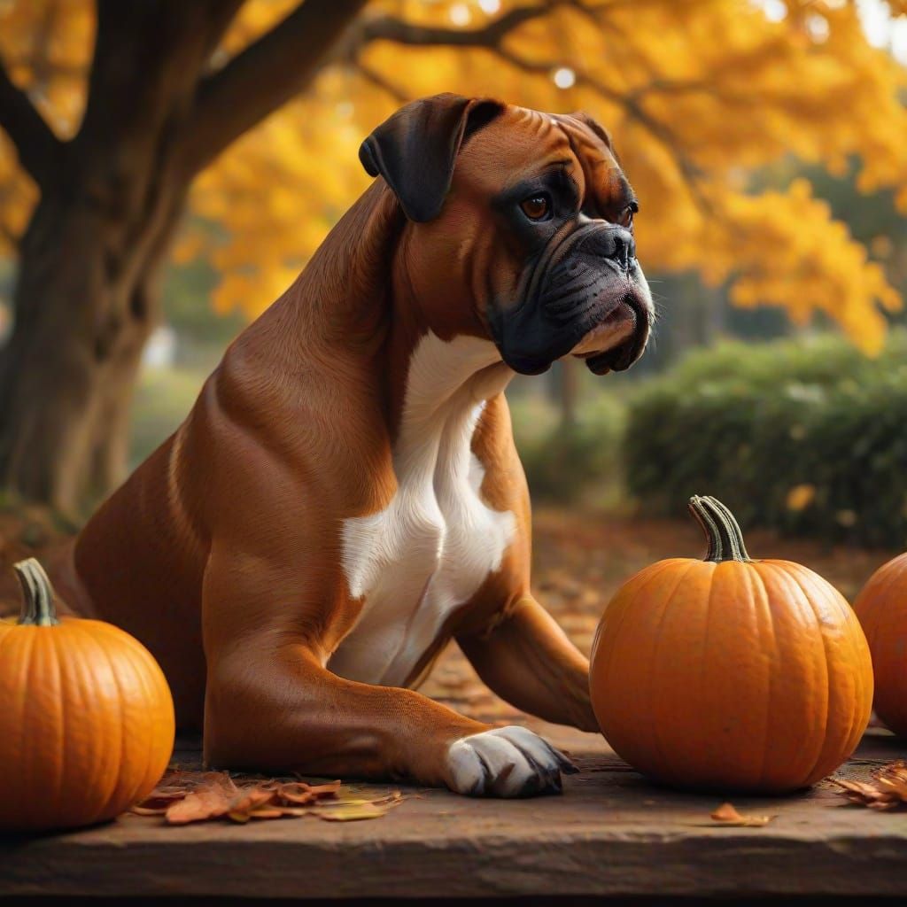 Boxer Carves Pumpkin Under Autumn Oak Tree