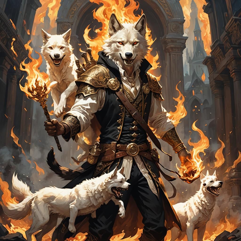 Fantasy Wolf-Man with Fire and Puppy, Detailed Art