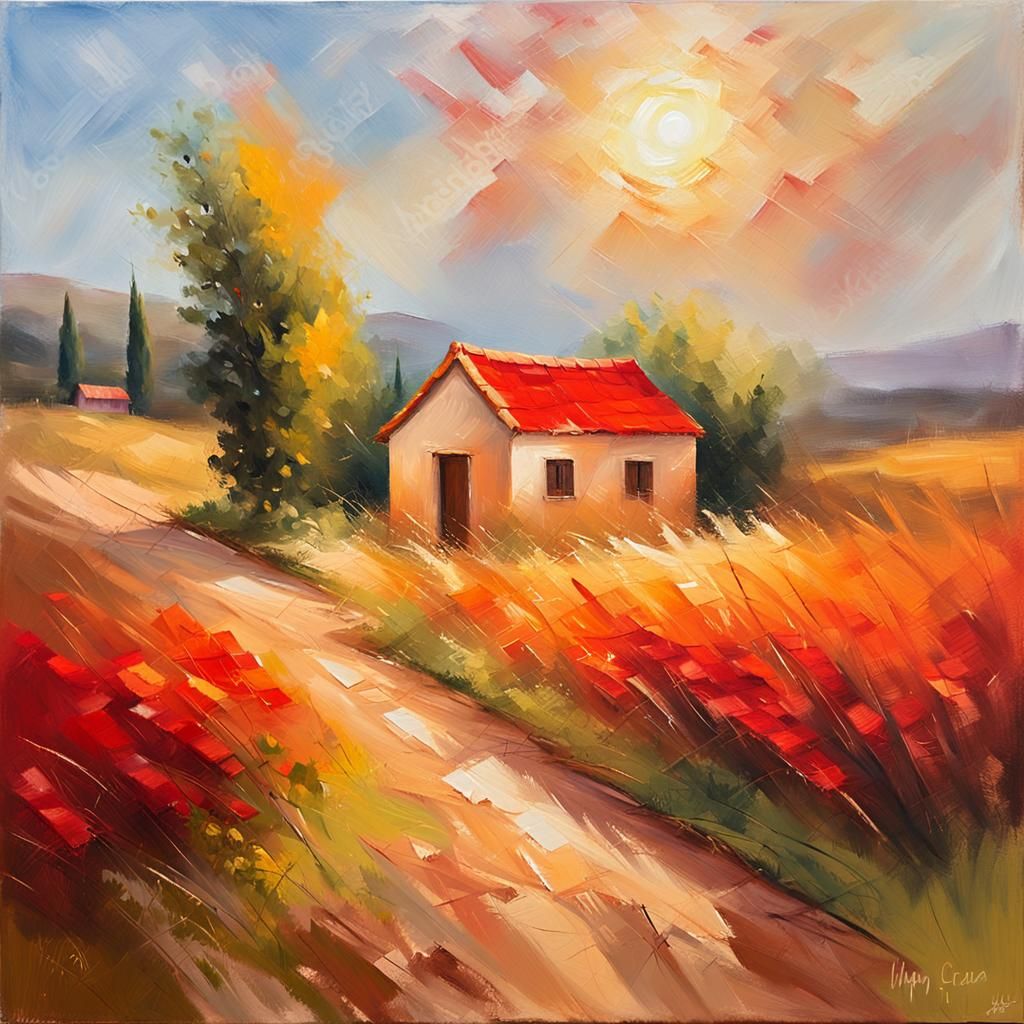 Idyllic House in Field as Impressionist Oil Painting