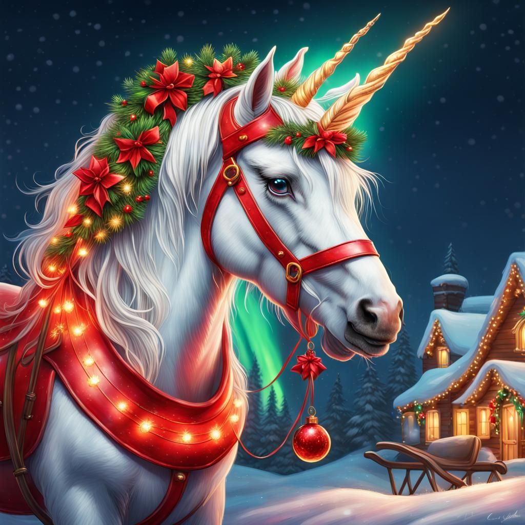 Festive Christmas Unicorn in Northern Lights, Hyperrealistic