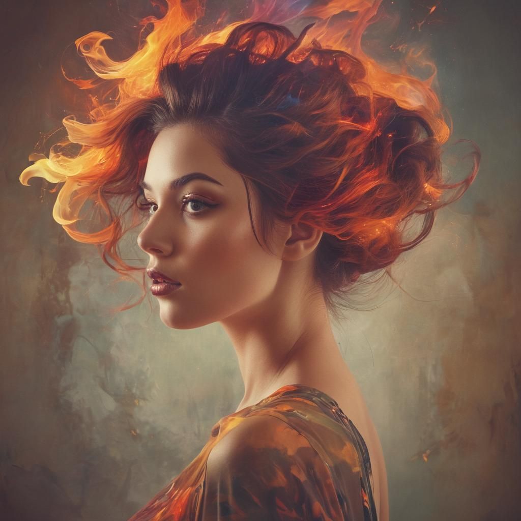 Surreal Woman's Hair Ablaze: A Double Exposure Fantasy
