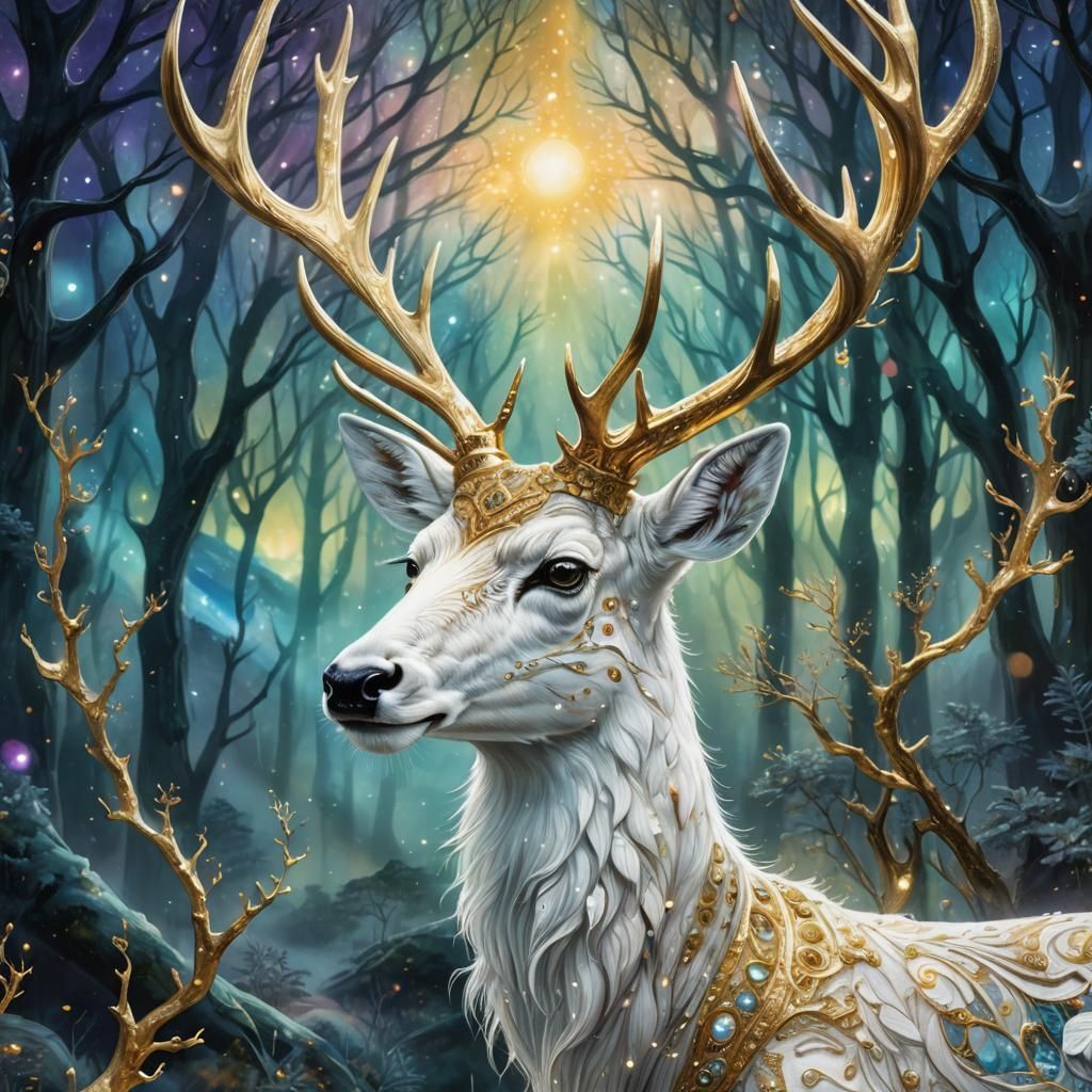Cosmic Deer in Ethereal Aurora Borealis Illustration