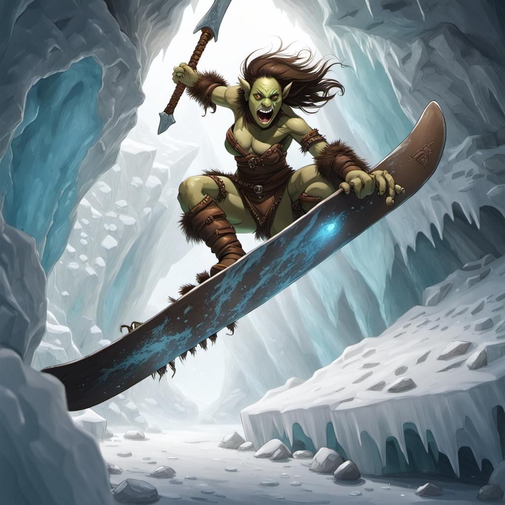 Female Orc Barbarian Snowboarding in Ice Cave