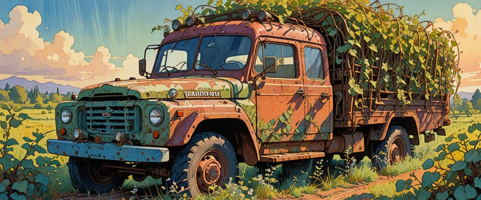 Vines Cover Old Army Truck in Bright Morning Sunlight