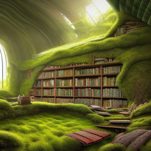 Earthship Library in Cave, Surrealist Style
