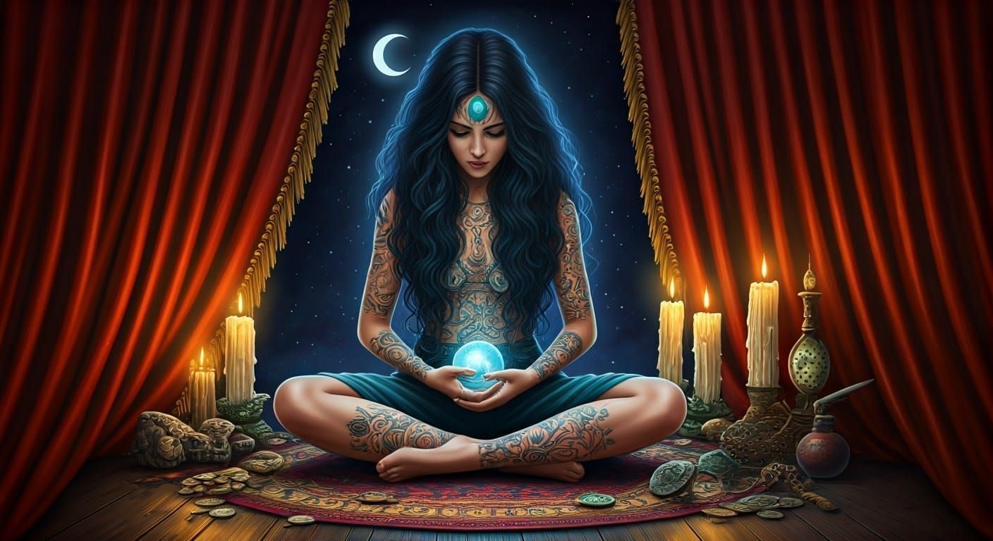 Enchanted Sorceress in Whimsical Fantasy Scene