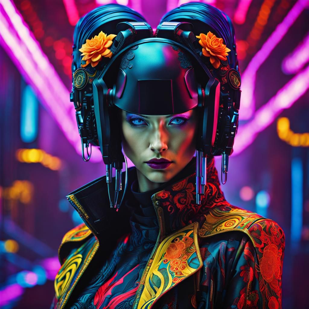 Vibrant Cyberpunk Girl Portrait in Magic Realism Style