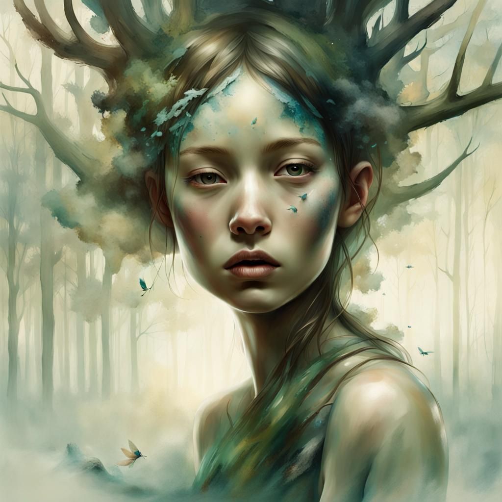 Girl in Forest Dreamscape, Illustrative Art