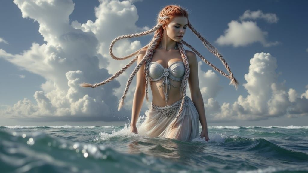 Woman with Red Braids Walks in Water During Storm