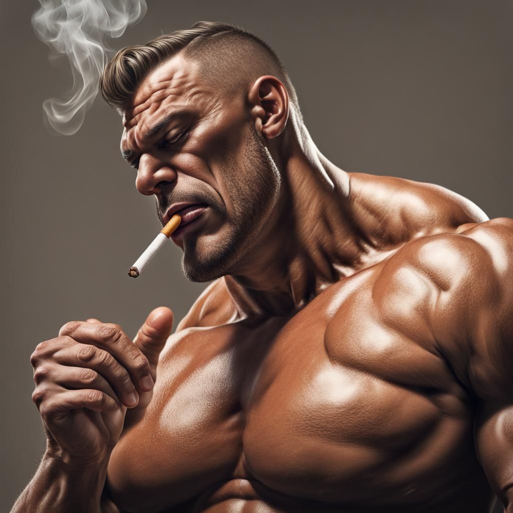 Muscular Powerlifter Smokes While Flexing: Hyperrealistic Im...