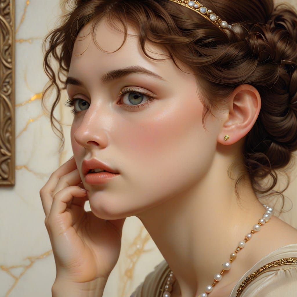 Woman Contemplating Pearl in Golden Light