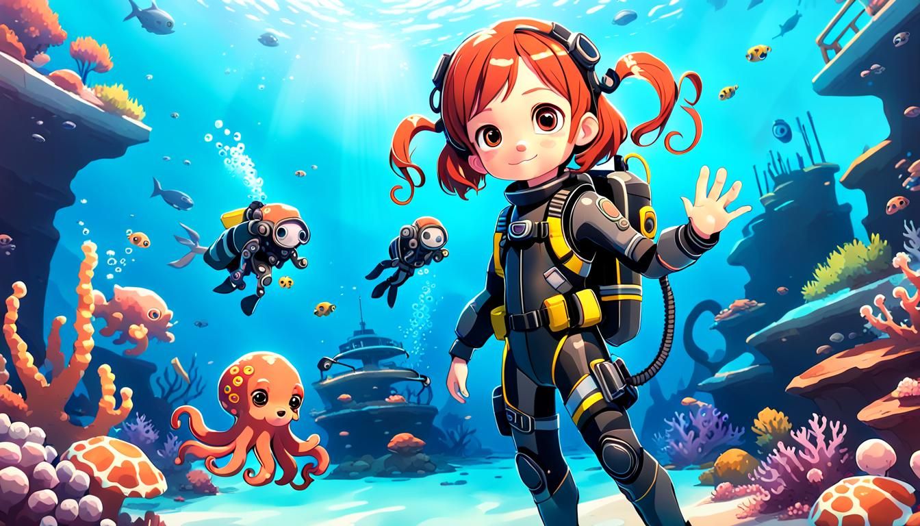 Toddler Scuba Diver with Octopus in Anime Style