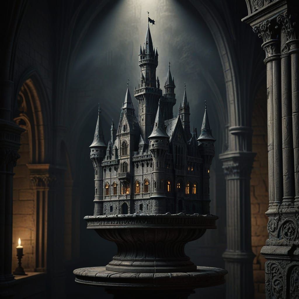 Hyperreal Clay Castle Hat in Dramatic Charcoal Style