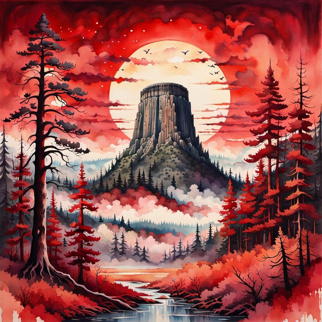 Devil's Tower in Watercolor Pine Forest