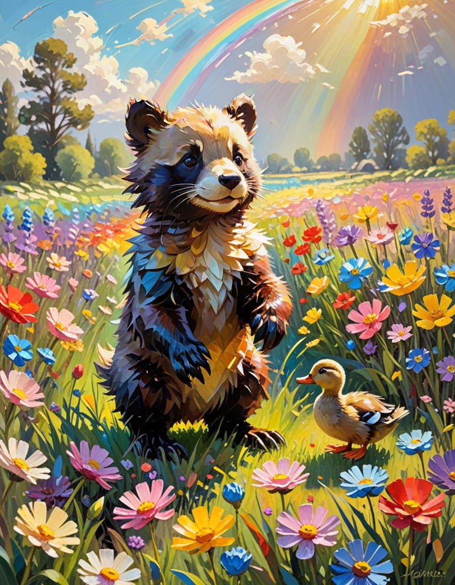 Wolverine and Duck in Impressionistic Flower Field