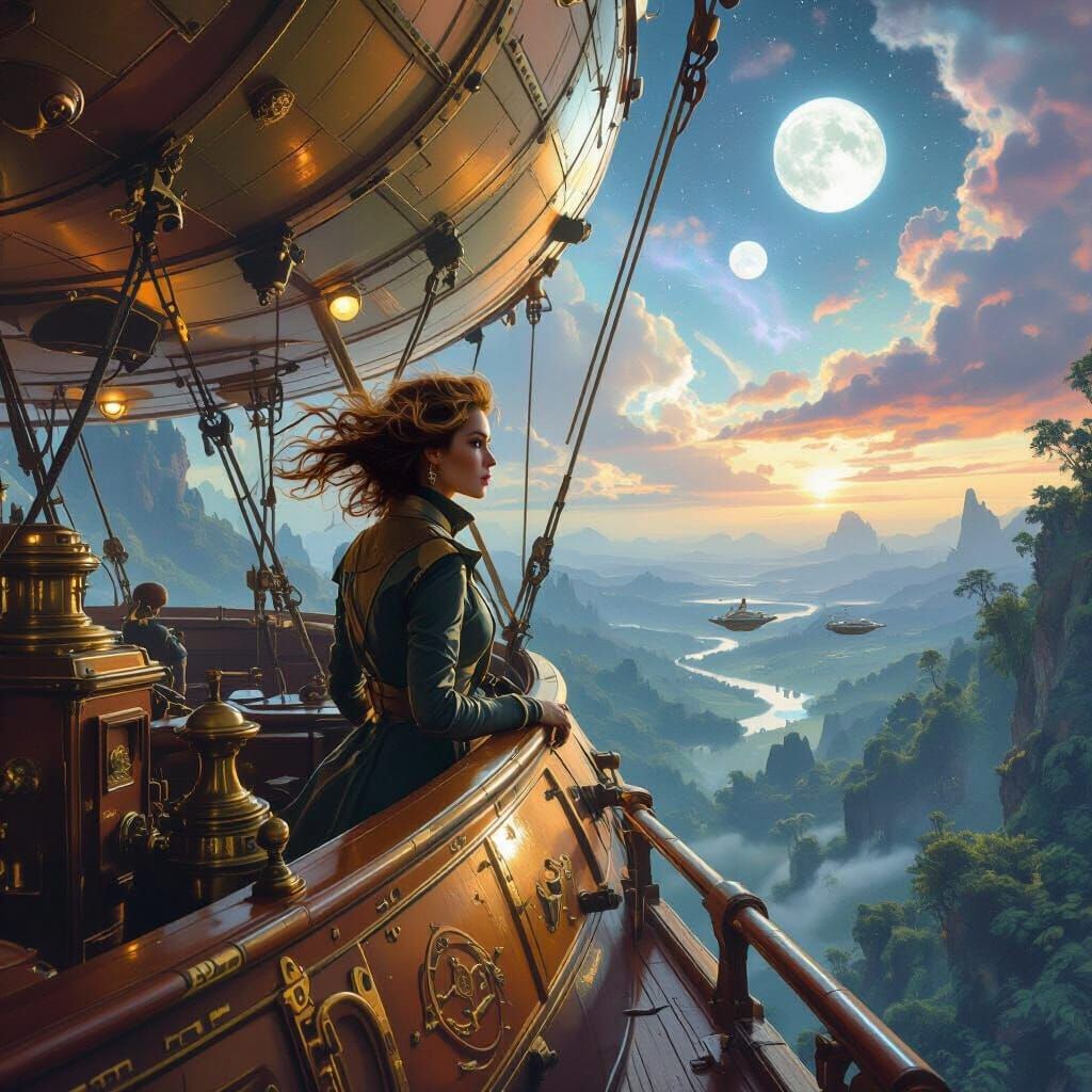 Airship Captain Navigating Nebula Sky in Matte Painting