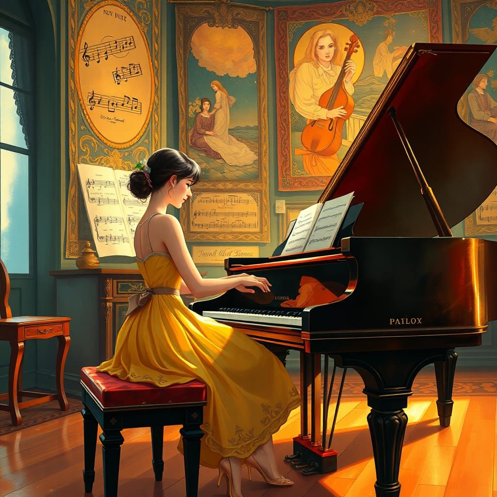 Lady at Piano in Music Room, Art Nouveau Style