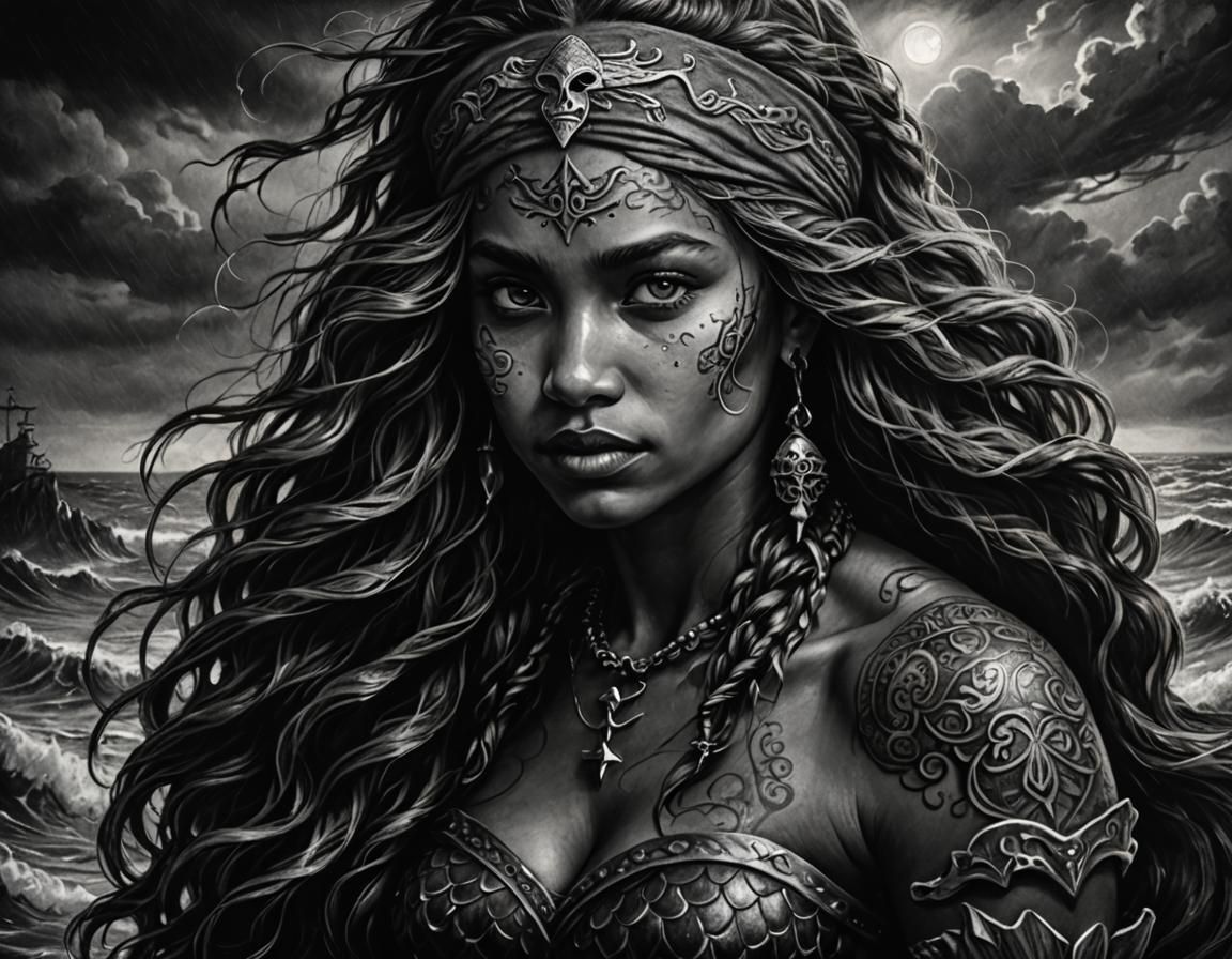Tribal Mermaid Portrait in Charcoal with Pirate