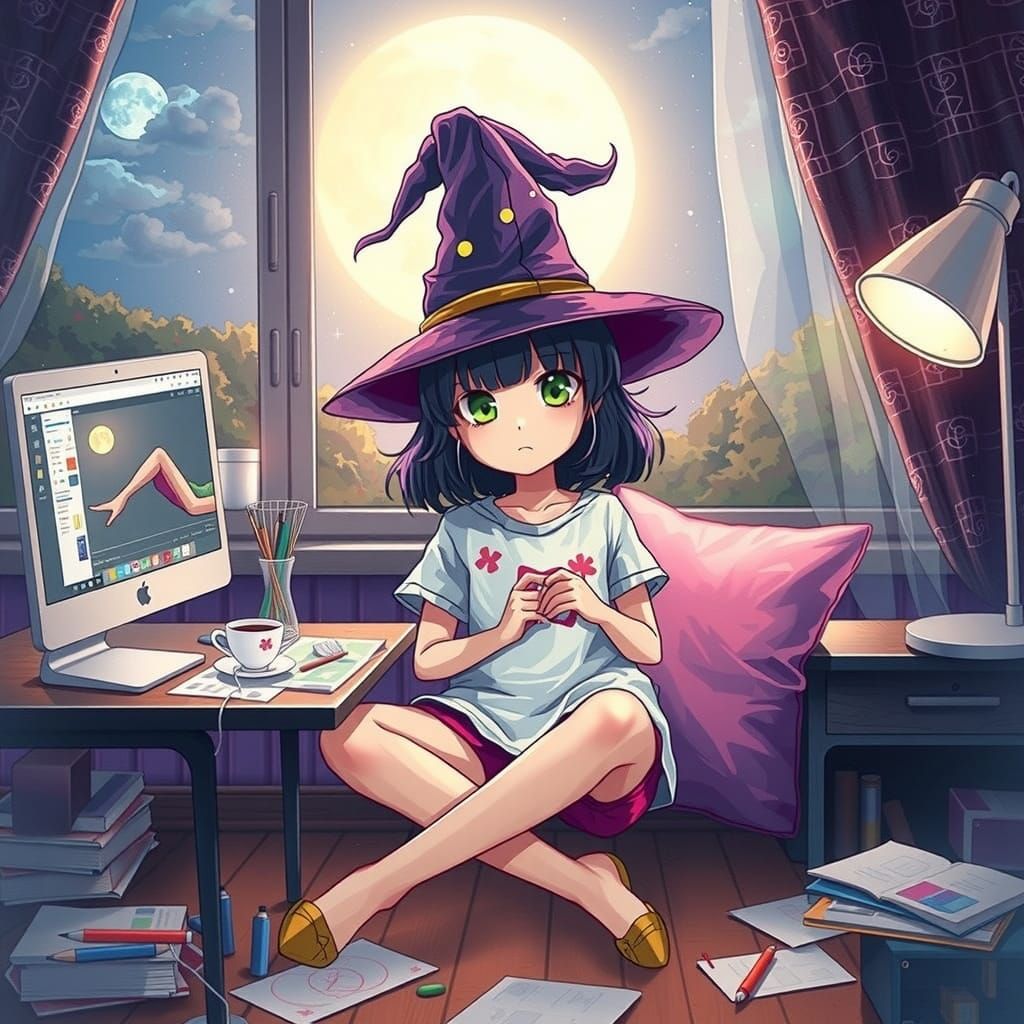 Whimsical Anime Girl Witch in Cozy Study, Anime Style