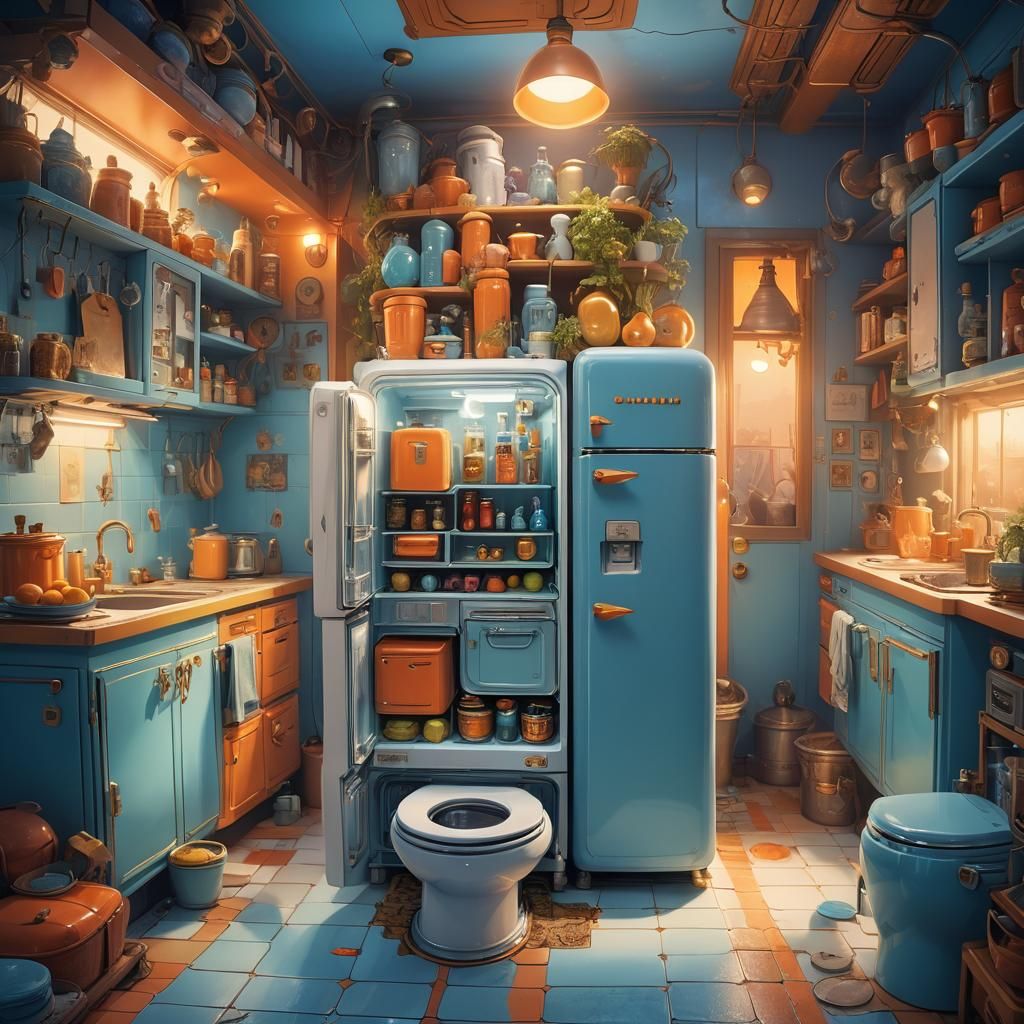 Whimsical Kitchen: Toilet Fridge in Fantasy Art Style