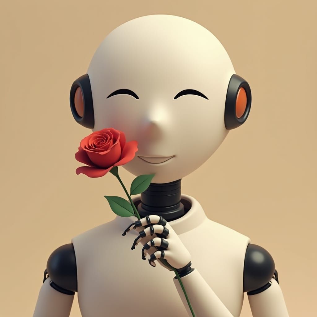 Minimalist Robot Enjoys Rose in Warm Earth Tones