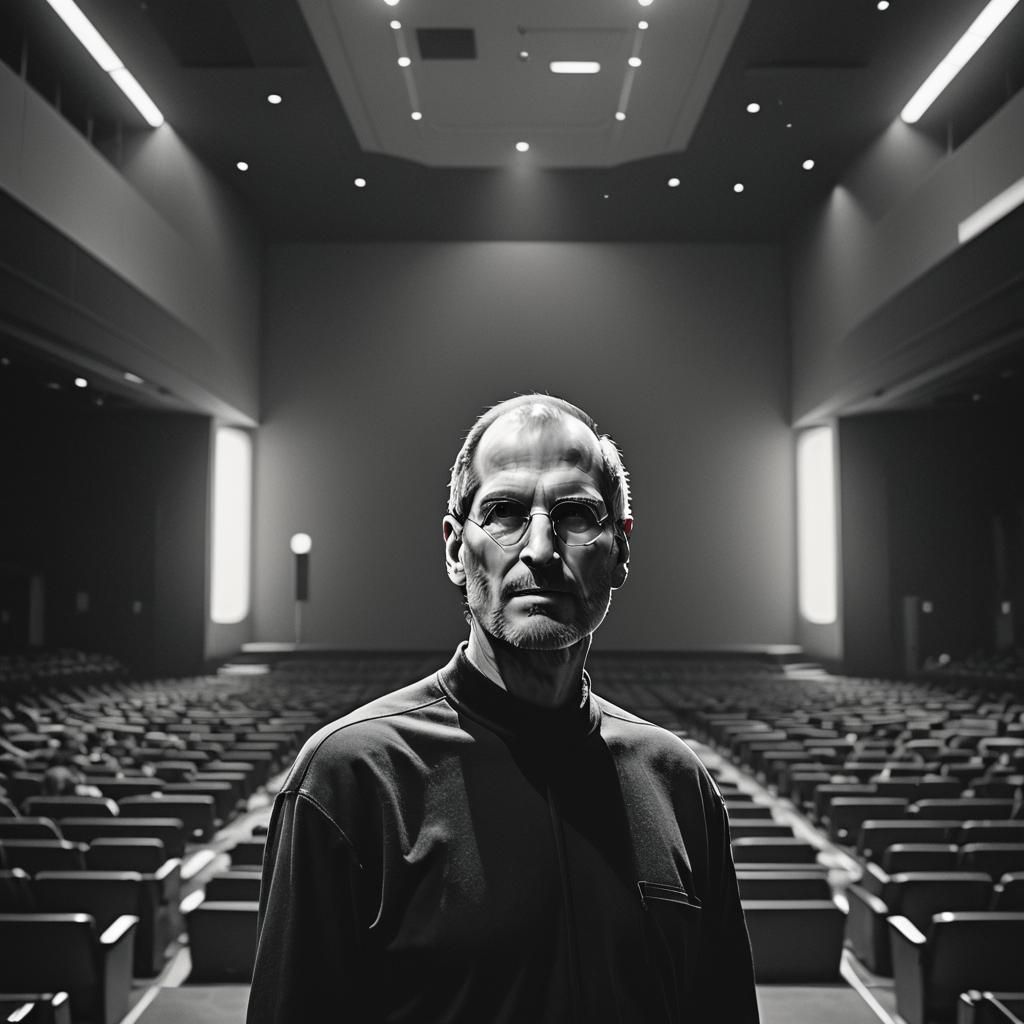 Steve Jobs Portrait in Minimalist Auditorium, 3D Render