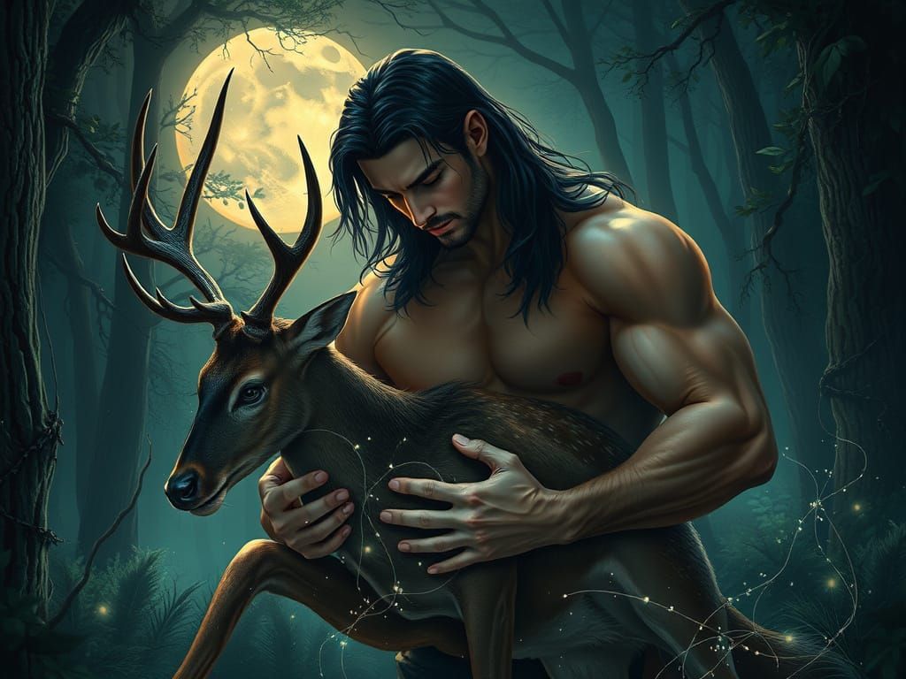 Chiseled Hero Tends to Injured Deer in Moonlit Forest