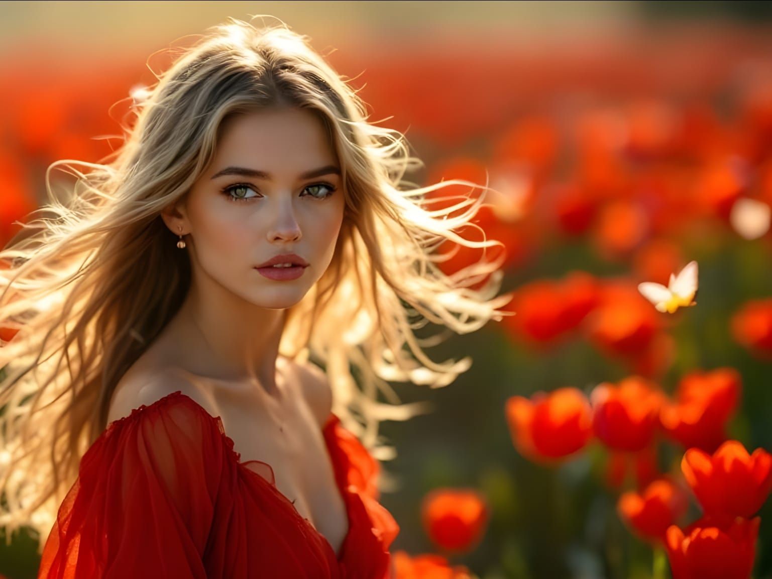 Woman in Red Dress in Tulip Field