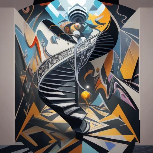 Surreal Staircase in Neo-Cubist Art Deco Style