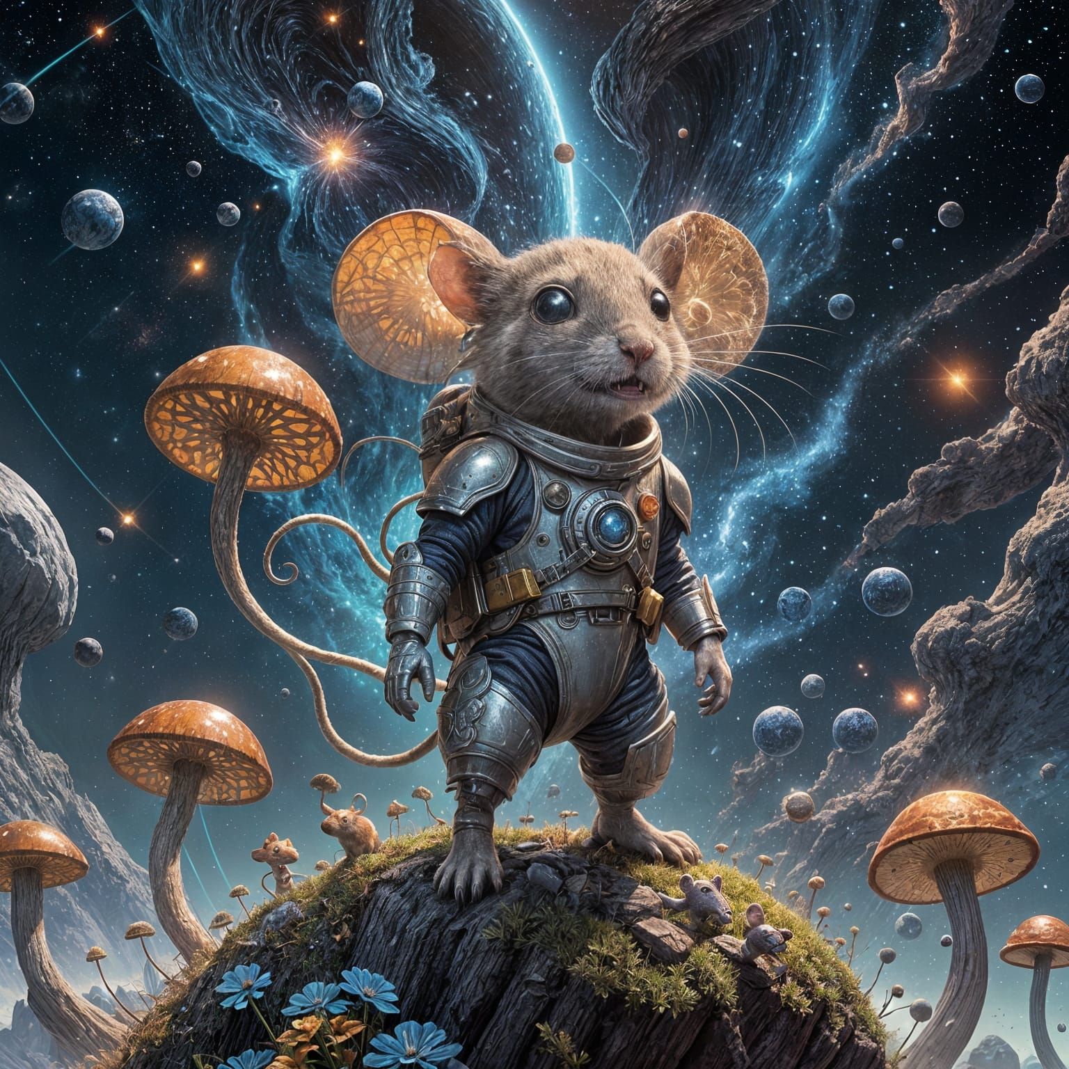 Mouse Adventurer on Pencil in Cosmic Void