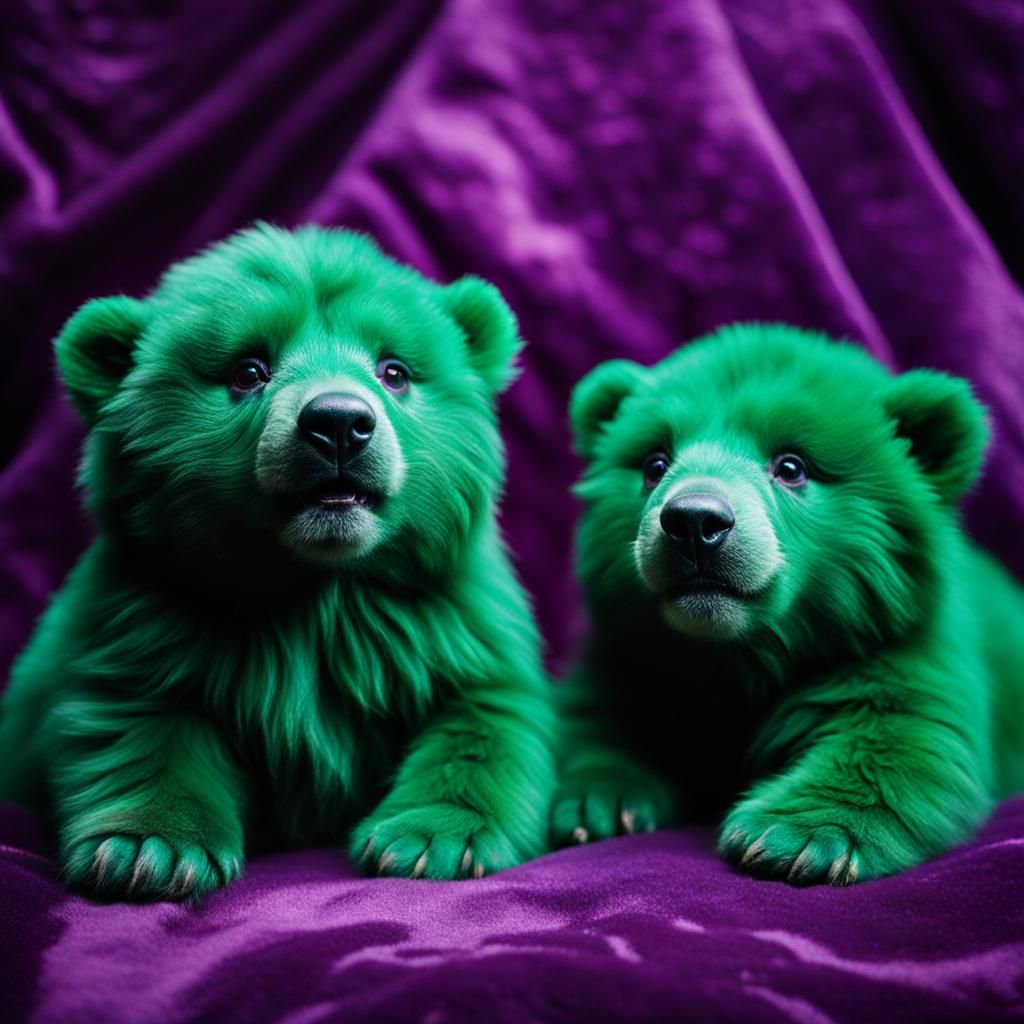 Malachite and Amethyst Bear Cubs in Soft Lighting