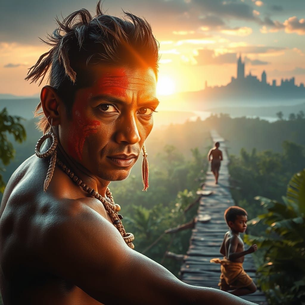 Tribesman in Amazonian Rainforest Bridge, Gazing Beyond to F...