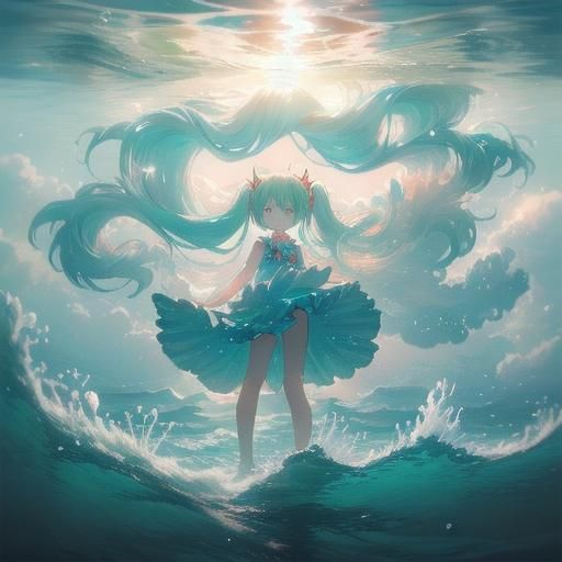 Hatsune Miku as Ocean Goddess in Anime Style