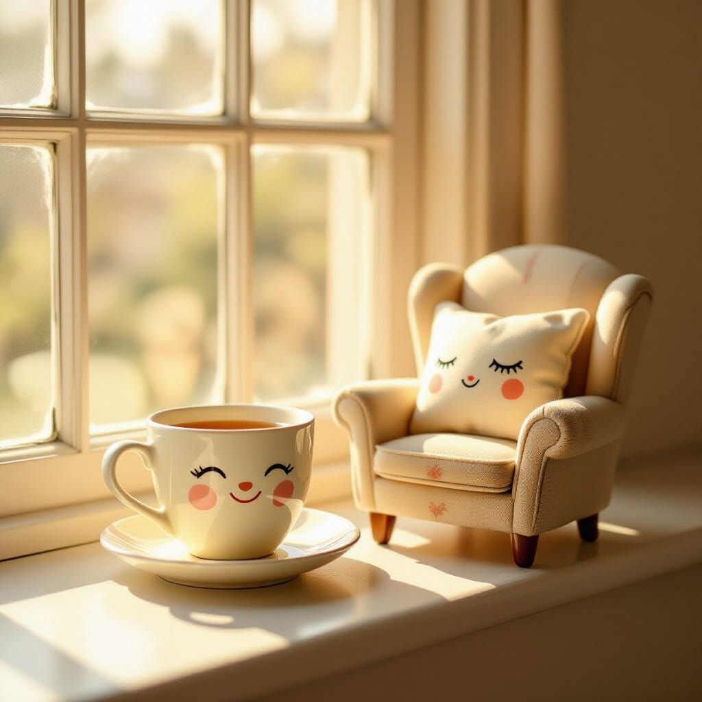 Whimsical Anthropomorphic Objects on a Sunlit Sill