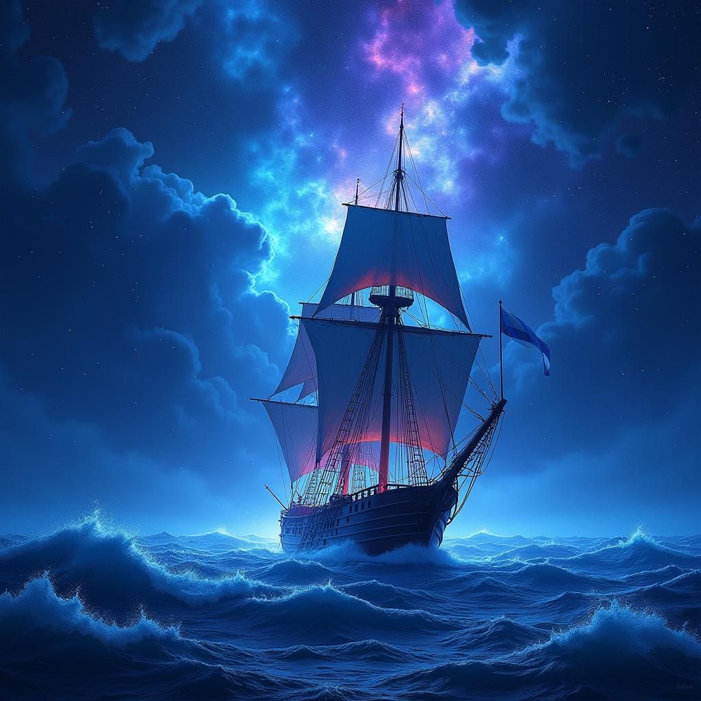 Sailing Ship Navigates Stormy Seas Under Orion Nebula